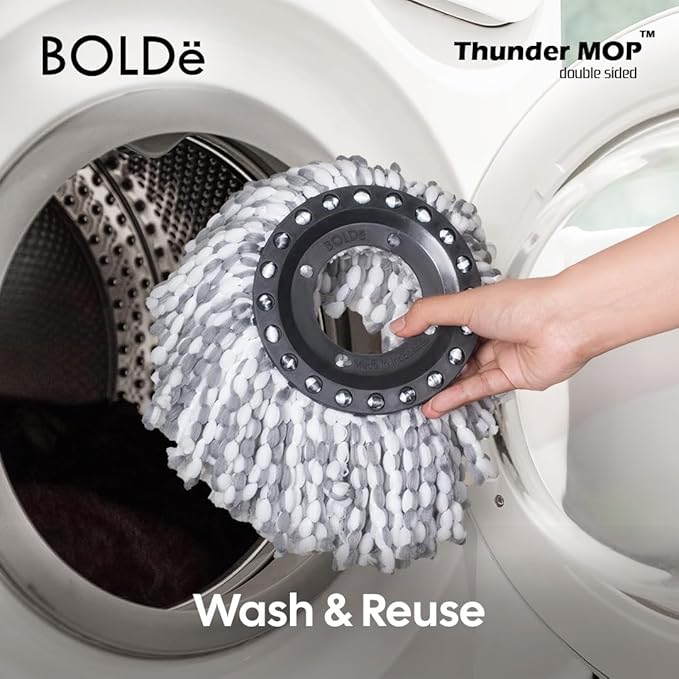 Thunder Mop Spin System - 2 Compact Stackable 6L Buckets, Microfiber Head, Stainless Steel Wringer, Antifungal Quick-Dry Cleaning, Soap Dispenser, 3 Free Refills (Black/Pink)