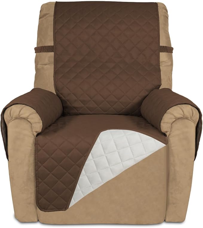 PureFit Reversible Quilted Sofa Cover, Water Resistant Slipcover Furniture Protector, Washable Couch Cover with Non Slip and Elastic Straps for Kids, Dogs, Pets (Recliner, Coffee/Ivory)