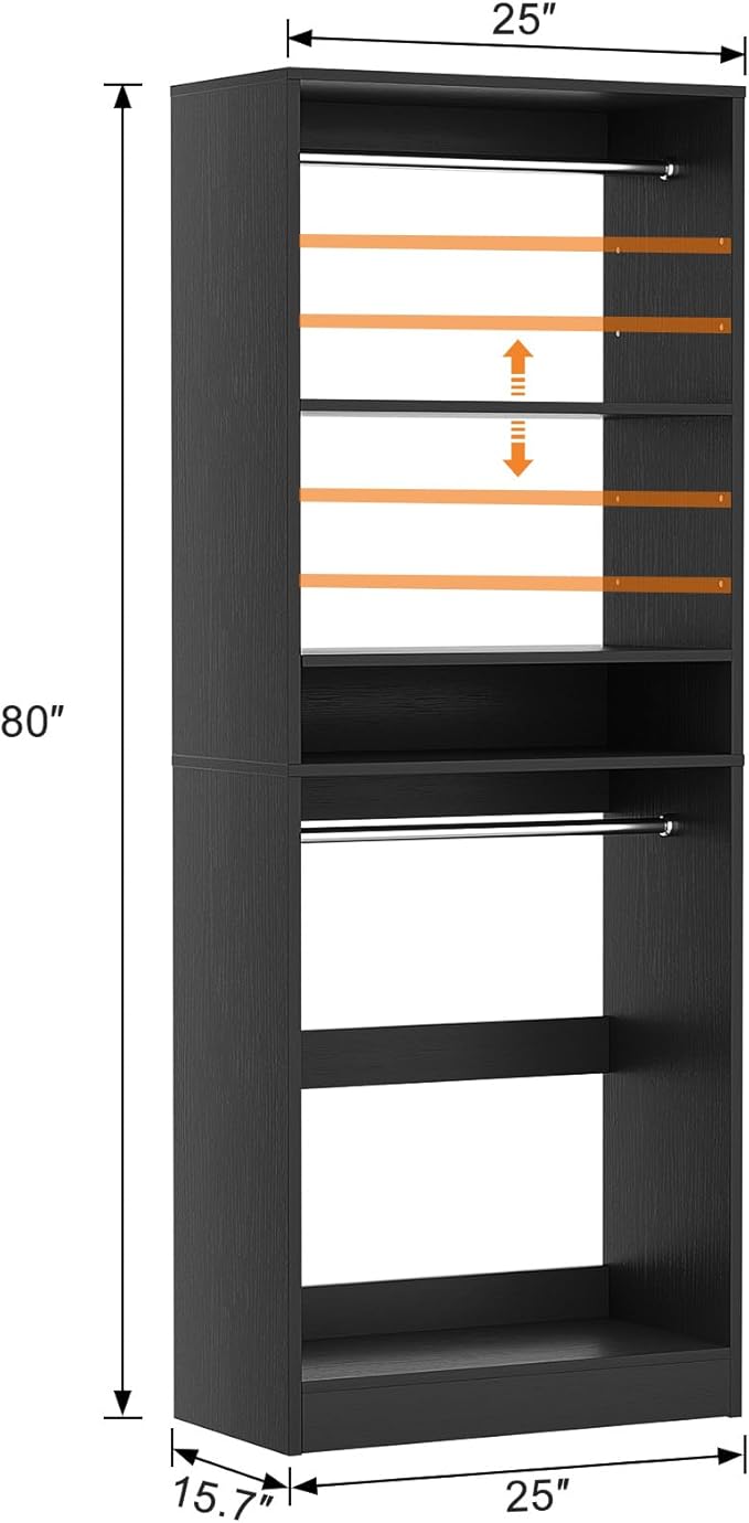 Unikito Freestanding Closet System, 25” Closet Organizer Wardrobe with Hanging Rod & Shelves, Adjustable Clothes Garment Rack, Sturdy Walk in Towers, Easy Assembly, 25" W x 16" D x 80" H, Black
