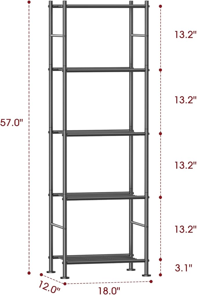 Storage Shelves - 5 Tier Shelf Organizer, Sturdy Metal Garage Shelving with Adjustable Leveling Feet, Space-Saving Shelves Organizer for Pantry, Laundry, Kitchen (18" x 12" x 57", Black)