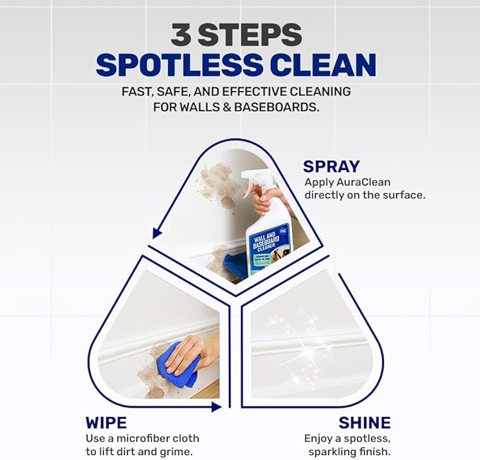 Wall & Baseboard Cleaner - Safe for Painted Walls & Trim | Eco-Friendly, No-Rinse, Kid & Pet-Safe | Anti-Resoil, Streak-Free Finish | Made in the USA | 32 oz Spray (1 Quart)
