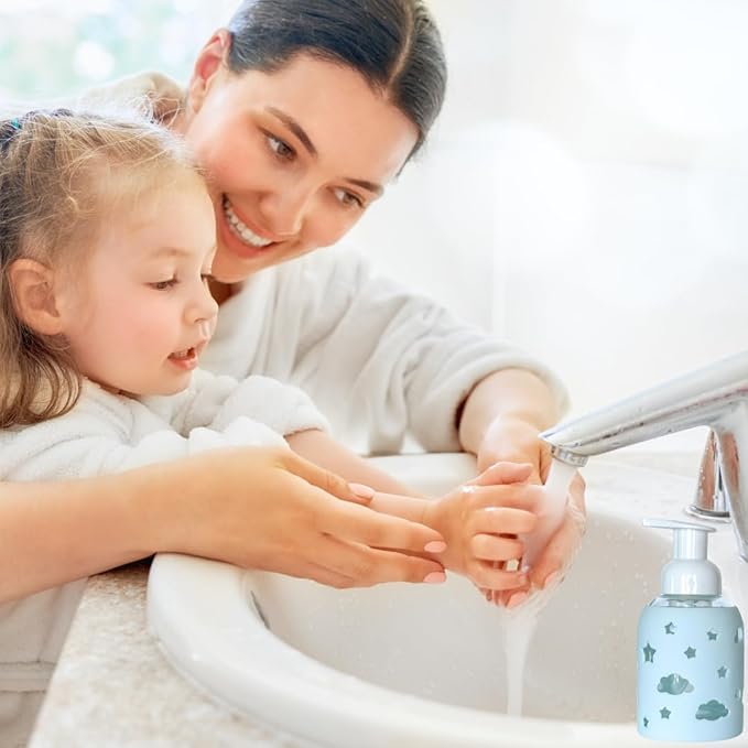 SoCal Suds & Company Glass Foaming Hand Soap Dispenser, Soft Grip Silicone Sleeve, Refillable Pump Bottle for Kids, Baby Wash & Shampoo, Ideal for Home Use, Light Blue 8oz