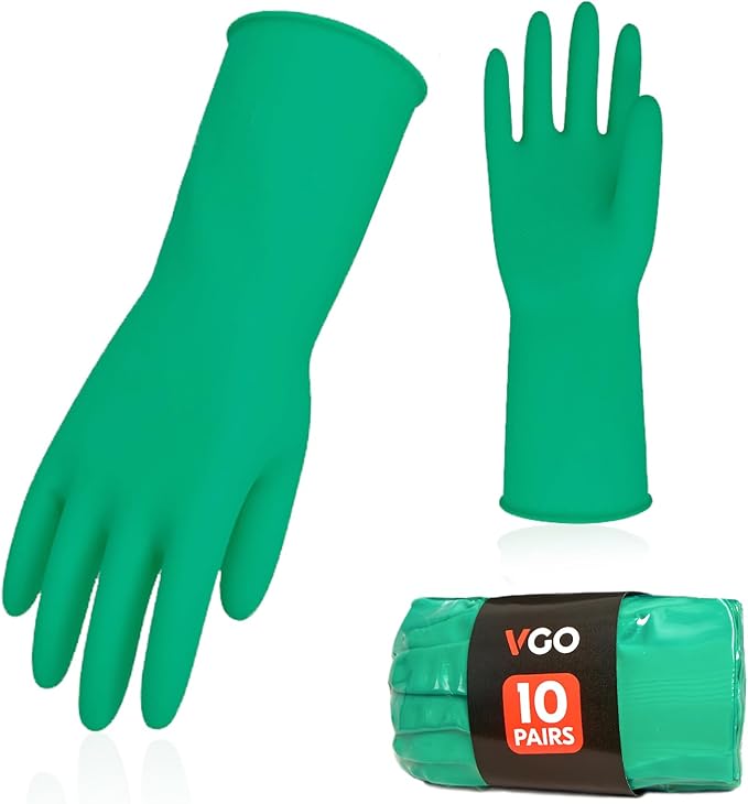 Vgo... 10-Pairs Reusable Household Gloves, Rubber Dishwashing gloves, Extra Thickness, Long Sleeves, Kitchen Cleaning, Working, Painting, Gardening, Pet Care (Size L, Green, HH4601)