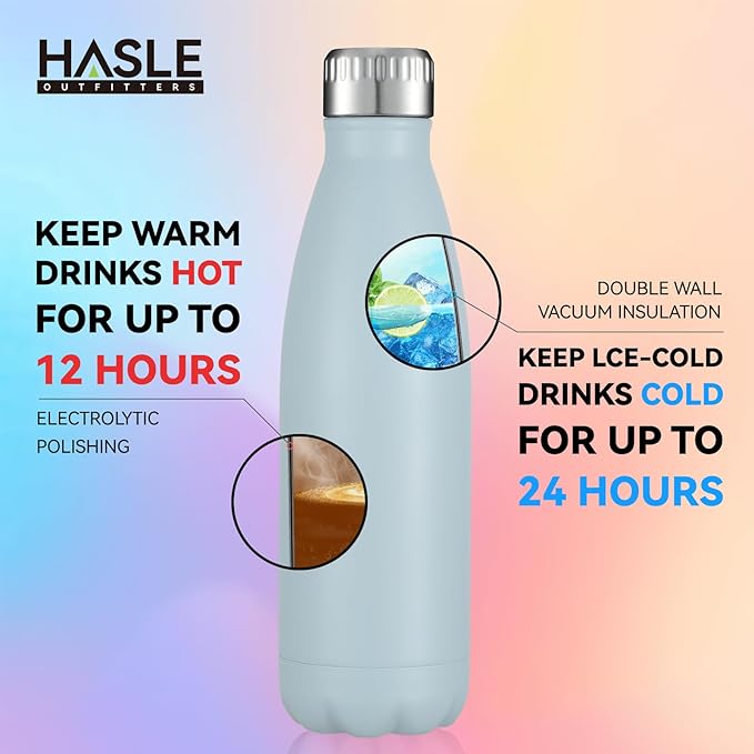 HASLE OUTFITTERS 17oz Stainless Steel Water Bottles Bulk, Vacuum Insulated Water Bottles Double Walled Reusable Metal Sports Water Bottles Keep Drinks Hot and Cold, Light Blue, 8Packs
