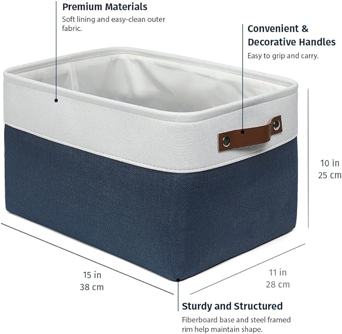 OrganiHaus Large Fabric Storage Baskets for Shelves 3 Pack, 15x11in Closet Storage Bins for Shelves, Cloth Baskets for Organizing, Linen Closet Organizers, Fabric Basket - Navy Blue/White