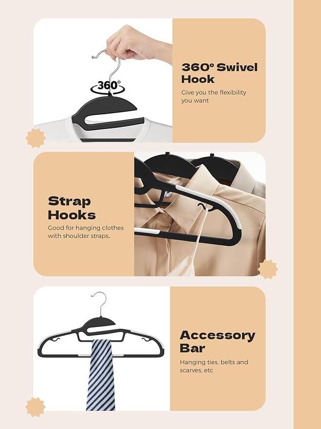 HOUSE DAY Black Plastic Hangers 50 Pack, Slim Space Saving, Non Slip Hangers with Rubber Pads, Sturdy Coat Hanger for Closet, S-Shaped Clothes Hanger for Shirt, Suit, Pant, Skirt