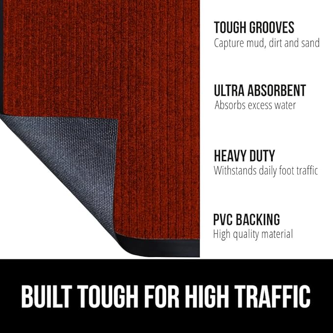 GORILLA GRIP Traffic Guard Door Mat, 47x35, Heavy Duty Welcome Mats, Commercial Office Space Doormat, Waterproof, Fade Resistant, Strong Rubber Backing, Low Profile, Shoe and Boot Scraper, Red