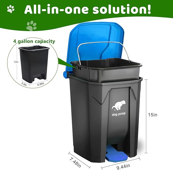 Dog Poop Trash Can Outside, 20L/5Gallon Dog Waste Trash Can with Lid, Pedal and Removable Inner Waste Bin, Pet Poop Bucket with 100 Bags, Blue