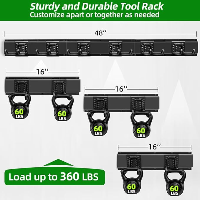 Garage Organization, Garage Wall Organizer with 48 inches Rails and 6 Hooks, Tool Organizers Heavy Duty, Shovel Holder Wall Mount Max Load 360 LBS, Sturdy Garden Tool Rack for Folding Chairs
