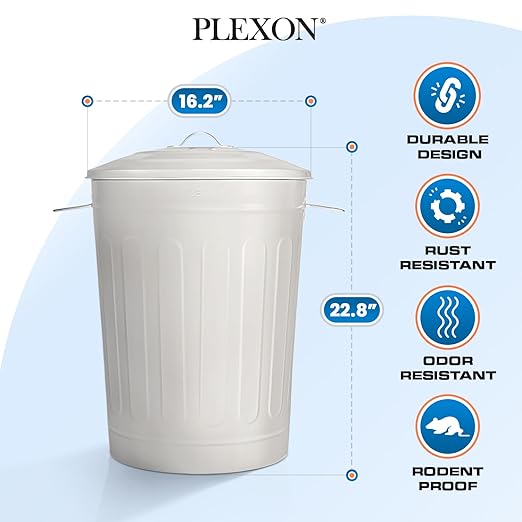 Plexon 13-Gallon Galvanized Steel Round Trash Can with Lid, Indoor and Outdoor Use, Durable Construction, Retro Design, Stylish Beige 2 Pack