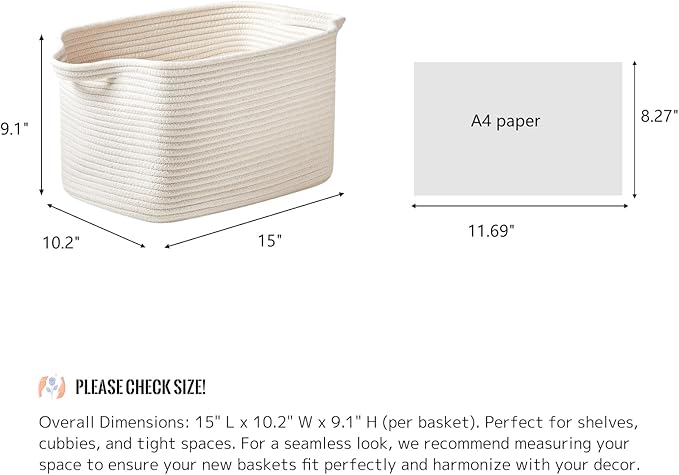 Cotton Rope Storage Basket 15"x10"x9" – Fabric Storage Bins for Organizing Clothes,Toys,Blankets – Durable Woven Storage Basket for Closet, Shelf & Living Room