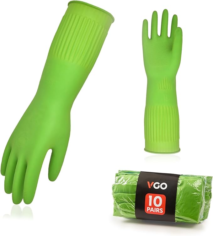 Vgo... 10-Pairs Dishwashing Gloves, Reusable Household Gloves, Long Sleeve, Thick Latex, Cleaning, Washing, Working, Painting, Gardening, Pet Care (Size L, Green, RB2143)