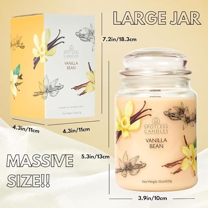 Candle Vanilla Bean 22oz with Wooden Wick in a Presentation Gift Box & Protective Shipper - Vanilla Scented Candles - Large Jar Candles