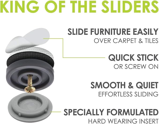 GorillaGlides CB323 1-1/4 Inch Furniture Sliders/Chair Glide Floor Protectors (Set of 8 Glides) Self-Adhesive Screw On Furniture Glides for Low Pile Carpet and Hard Surface Flooring, Round
