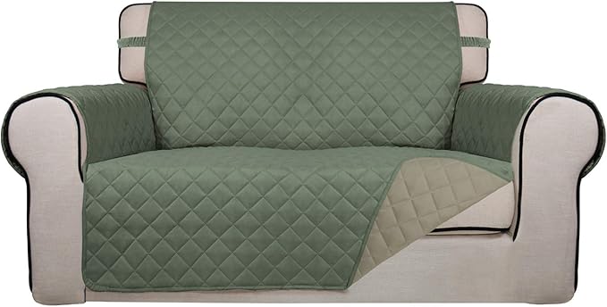PureFit Reversible Quilted Sofa Cover, Water Resistant Slipcover Furniture Protector, Washable Couch Cover with Non Slip and Elastic Straps for Kids, Dogs, Pets (Loveseat, Greyish Green/Beige)