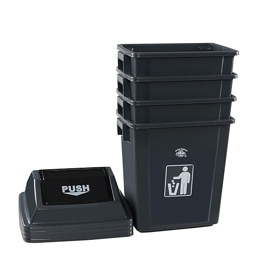 6 Gallon Plastic Swing Top TrashBin/Garbage Can, Lidded Wastebasket Trash Can for Kitchen, Garage, Office, Grey (4 Pack)