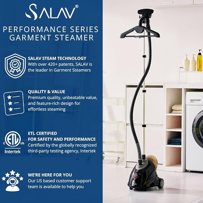 SALAV GS18-DJ Standing Garment Steamer with Smart Auto-Off, Wheels for Easy Movement, 1.8L Water Tank for 1hr Continuous Steaming, Adjustable Pole for Storage, with Descaler Packet, 1500 watts