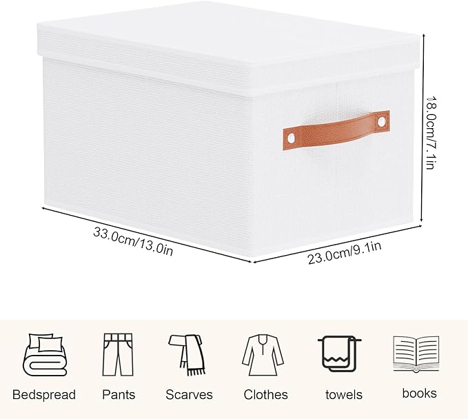 Fabric Storage Bins, 7.1 x 9.1 x 13 Inch Clothes Boxes for Shelves with Lids, Baskets for Organizing with Handles, Decorative Linen Closet Organizers, White, 5 Pack