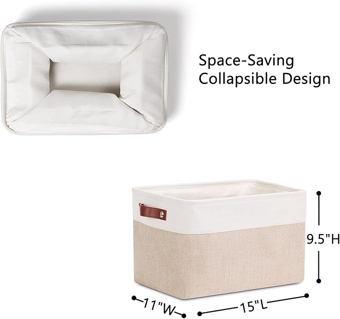 DULLEMELO Fabric Storage Bins, Storage Baskets for Organizing, Collapsible Rectangular Fabric Baskets for Shelves, Empty Gift Baskets (3-Pack Medium-15 inch X 11 inch X 9.5 inch , White&Khaki)