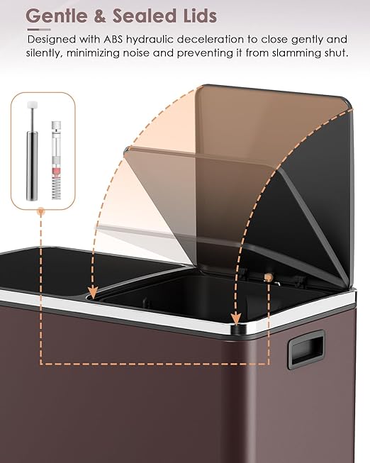 AthLike 60L(16 Gal) Dual Trash Can, Stainless Steel Kitchen Garbage Can, Double Compartment Classified Rubbish Bin, Recycle Dustbin w/Plastic Inner Buckets, Handle, Soft-Close Lid, Airtight, Brown