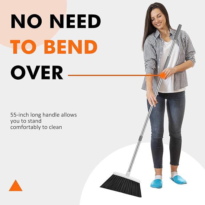 NACENA Heavy Duty Broom, 55 Inch Long Handle Outdoor Large Angle Brooms, Commercial Broom for Sweeping Indoor, for Home Garage Kitchen Office Courtyard Lobby Patio Lawn Concrete, 2 Pack (Grey&White)