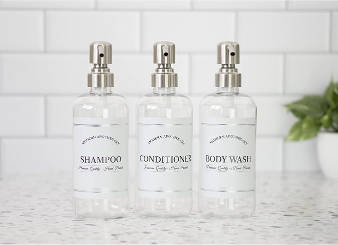 Clear Refillable Shampoo and Conditioner Bottles - Body Wash, Shampoo and Conditioner Dispenser - PET Plastic Shampoo Bottles Refillable with Pump - Waterproof Labels - 16 oz, 3 Pack (Stainless Steel)