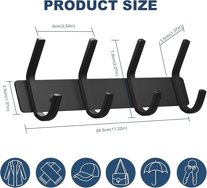 VAEHOLD Wall Hooks, Heavy Duty Aluminum Towel Hooks for Hanging Coat, Hat, Key, Clothes, Closet Hook Wall Mount for Kitchen, Bathroom, Office (“C“ Shape Coat 4 Hooks 2 Pack)