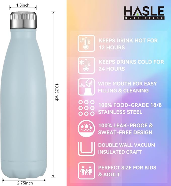 HASLE OUTFITTERS 17oz Stainless Steel Water Bottles, Vacuum Insulated Water Bottles Double Walled Powder Coated Reusable Metal Sports Water Bottles Keep Drinks Hot and Cold,Sky Light Blue, 1Pack