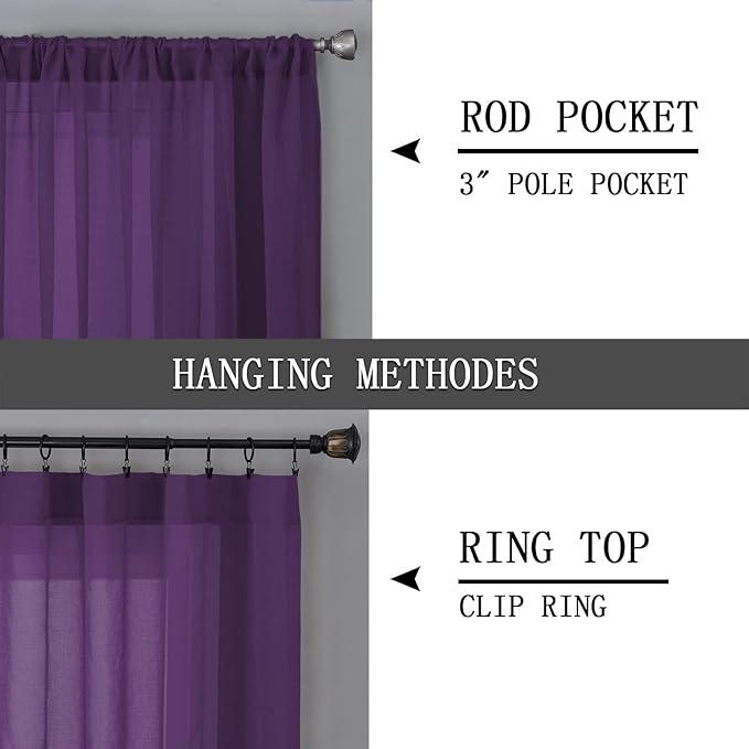 Tollpiz Sheer Curtain Linen Textured Bedroom Curtains Sheer Light Filtering Rod Pocket Voile Curtain for Living Room, 54 x 95 inches Long, Royal Purple, Set of 2 Panels