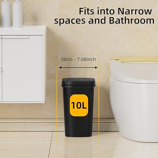 3 Pack Bathroom Small Trash Can with Lid, 2.6 Gallon Slim Garbage Bin with Pop-Up Lid, 10L Plastic Wastebasket for Bedroom, Office, Kitchen, Toilet (Black)