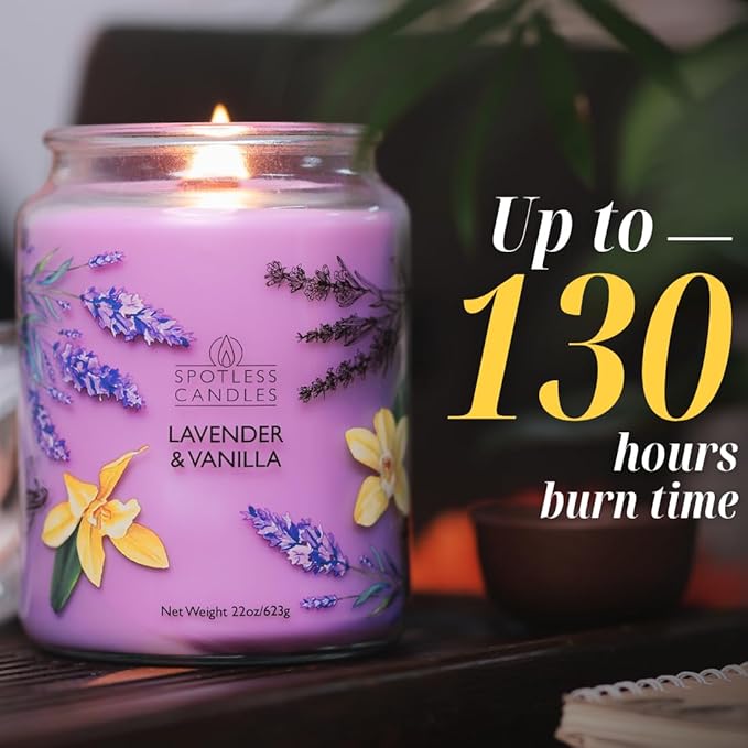 Vanilla & Lavender Candle 22oz Glass Jar with Wooden Wick in a Decorated Jar Within a Presentation Gift Box and Protective Shipping Box