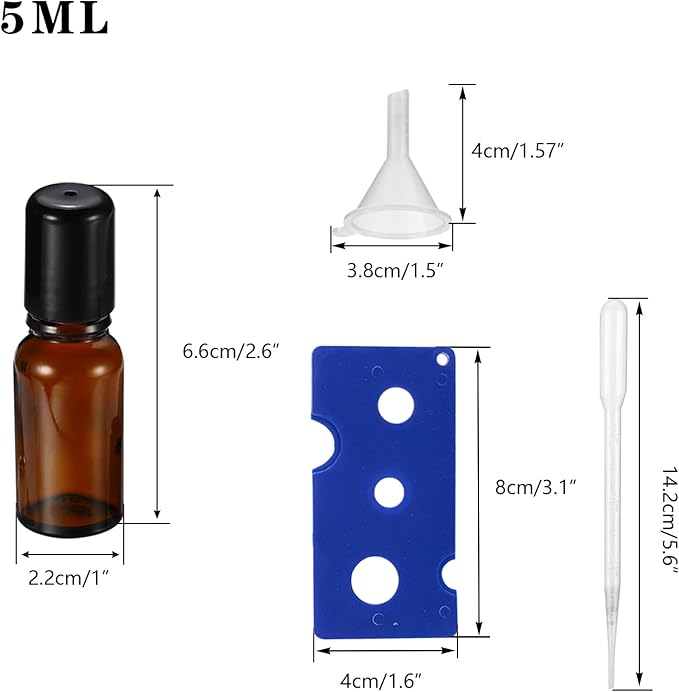 5ML Roller Bottles for Essential Oil, 4 Pack Empty Amber Glass Roller Bottle for Perfume Oil, Roll on Bottles with Stainless Steel Roller Balls, Opener, Funnel and Dropper