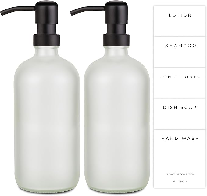 Emerson Essentials Glass Soap Bottle Dispensers, 2 Pack, Stainless-Steel Pumps Rust-Free, Hand Set for Bathroom Kitchen Sink, Liquid Lotion Shampoo Jars with 4 Waterproof Labels, 16 Oz Frost/Black