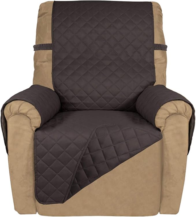 PureFit Reversible Quilted Sofa Cover, Water Resistant Slipcover Furniture Protector, Washable Couch Cover with Non Slip and Elastic Straps for Kids, Dogs, Pets (Small Recliner, Chocolate/Chocolate)