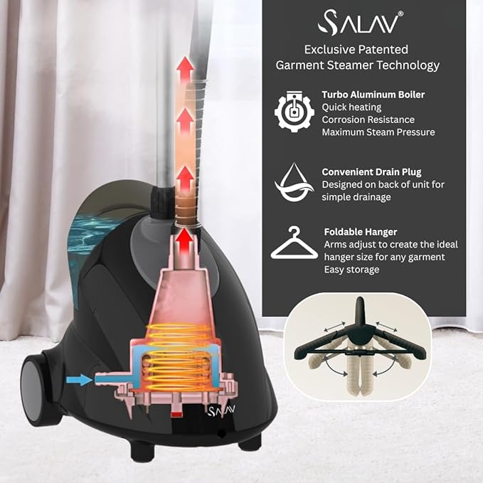 SALAV GS18-DJ Standing Garment Steamer with Roll Wheels for Easy Movement, 1.8L Water Tank for 1 Hour Continuous Steaming, Adjustable Pole for Storage, Includes Descaler Packet, 1500 watts