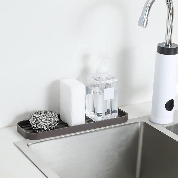 Silicone Kitchen Sink Organizer Tray for Multiple Usage,Eco-Friendly Sponges Holder for Kitchen Bathroom Counter or Sink,Dish Soap Dispenser,Scrubber,Bottle,Cup (Coffee, 12"×4")