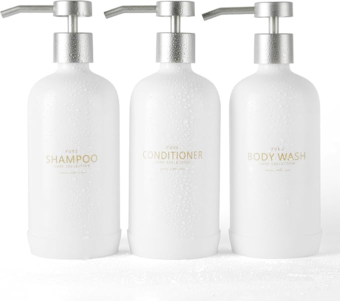 Shampoo and Conditioner Dispenser Set of 3,Refillable 21oz Shampoo Bottles with Non-Slip Protective Silicone Pad,Shower Soap Dispenser with Waterproof Labels for Bathroom (White)