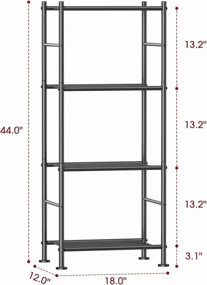 Storage Shelves - 4 Tier Shelf Organizer, Sturdy Metal Garage Shelving with Adjustable Leveling Feet, Space-Saving Shelves Organizer for Pantry, Laundry, Kitchen (18" x 12" x 44", Black)