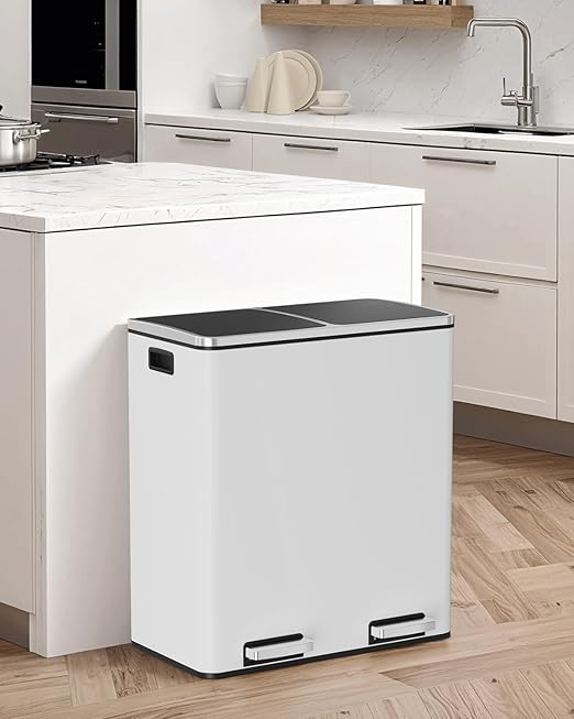 Arlopu 16 GallonStainless Steel Trash Can, 60L Dual Compartment, Metal Kitchen Step Recycle Bin, Metal Double Dustbin, in-Home Garbage Rubbish Can W/Removable Liner Buckets (White)