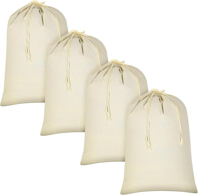 4 Pieces 28" x 36" Canvas Laundry Bags Bulk Large Cotton Laundry with Drawstring Heavy Duty Hamper Liner Washable Dirty Clothes Santa Bag for Travel Household
