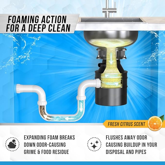 Garbage Disposal Cleaner Deodorizer Tablets - 24 Pack, New Powerful XL Foaming Tablet - Fresh Citrus Foam Sink Garburator Disposer Freshener, Natural Kitchen Drain Cleaning Care - 1 Year Supply