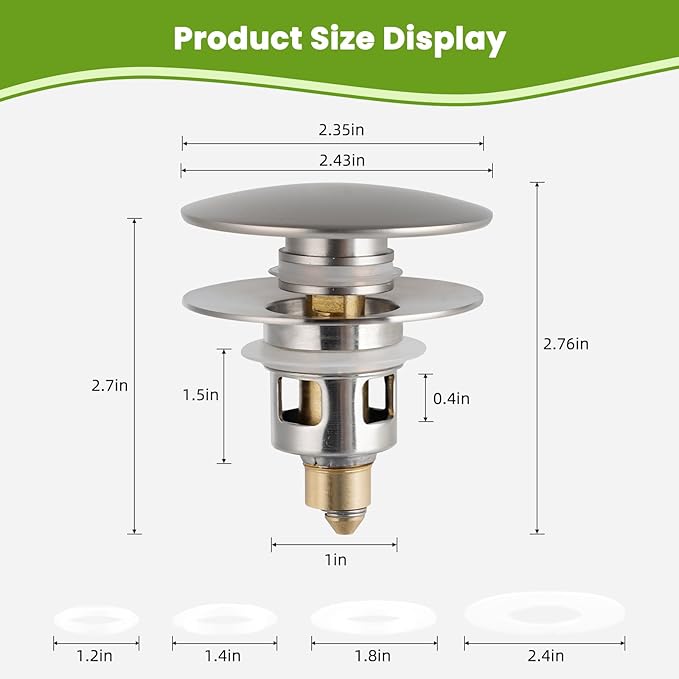 Universal Bathroom Sink Drain Strainer Hair Catcher Upgraded with Removable Stainless Steel Filter Basket, 2 in 1 Pop Up Sink Stopper for 1.1''~2.36'' Sink Basin Hole, Big Cover Cap, Brushed Nickel