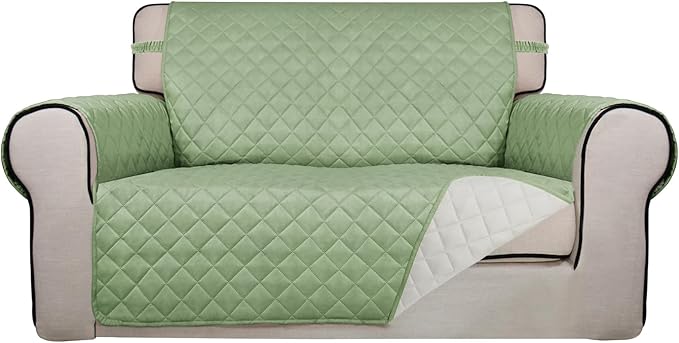 PureFit Reversible Quilted Sofa Cover, Water Resistant Slipcover Furniture Protector, Washable Couch Cover with Non Slip and Elastic Straps for Kids, Dogs, Pets (Loveseat, Sage Green/Ivory)