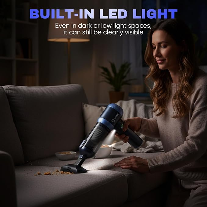 Saker Car Vacuum Portable Cordless 20000Pa Suction Power 4 in 1 Handheld Vacuum with LED Light Type-C Portable Mini Vacuums for Car, Home, Office, Pet HL157 Blue
