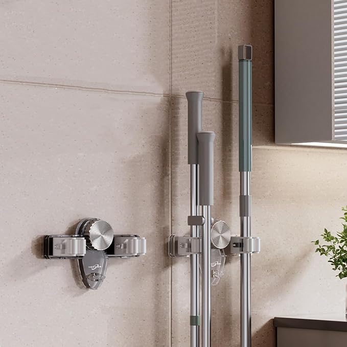 Mop and Broom Holder Wall Mount, No Punching Required Broom and Mop Organizer Wall Hanging with Hooks for Bathroom, Laundry Room, Garage, Kitchen,Garden Tool Organizer Storage (4pcs Gray)