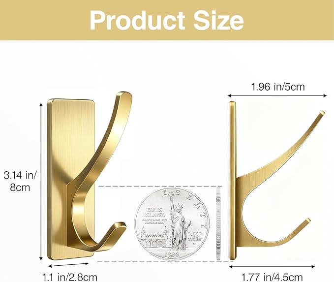 10 Pack Self Adhesive Coat Hooks for Hanging, Heavy Duty Stainless Double Wall Hook for Towel, Backpack, Hat, Sturdy Metal Hanger for Bathroom, Bedroom, Door, Wall Mounted, Brushed Gold