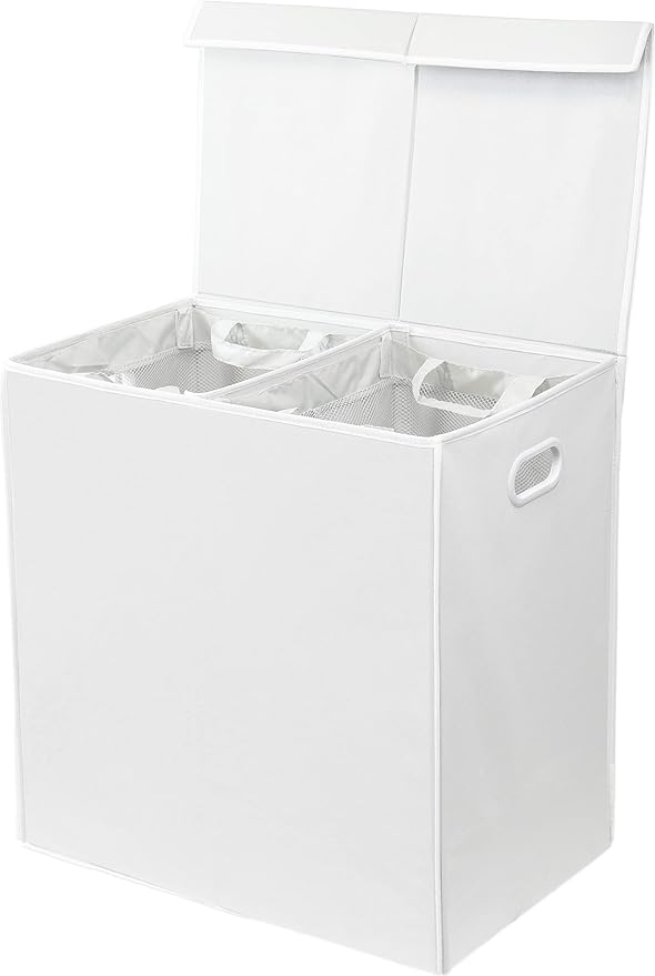 Simple Houseware Double Laundry Hamper with Lid and Removable Bags, White