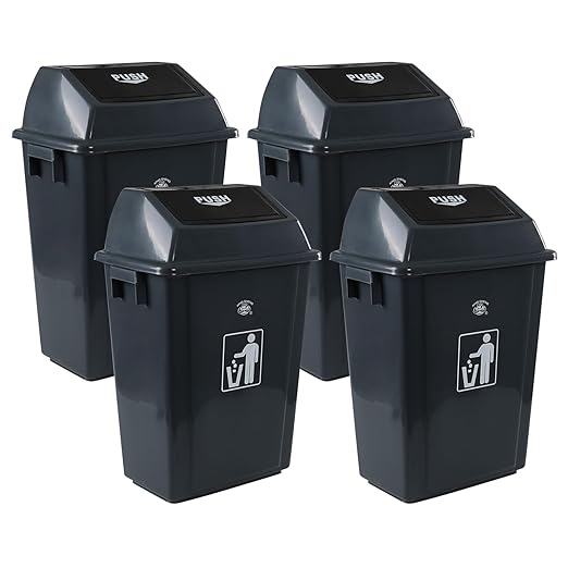 18 Gallon Plastic Trash Can with Swing Lid, 4-Pack Large Kitchen Swing-Top Garbage Can, Grey