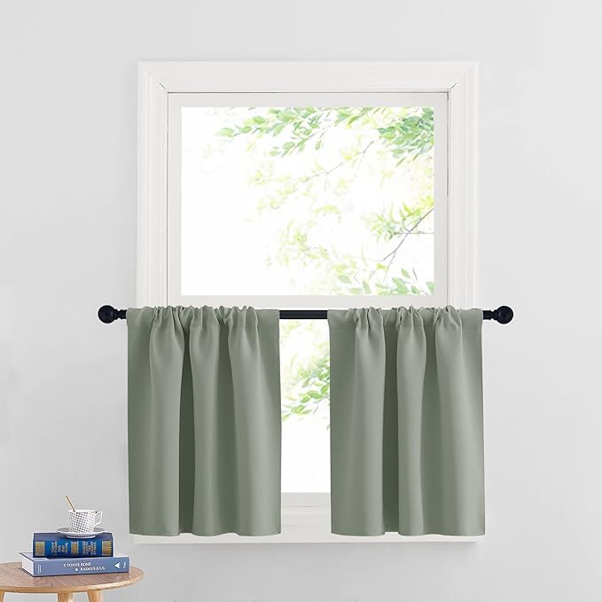 RYB HOME 24 inch Curtains for Kitchen Room Darkening Privacy Mini Curtain for RV Camper Bathroom Small Window, Width 29 x Length 24 inch, 2 Panels Set, Grayish Green