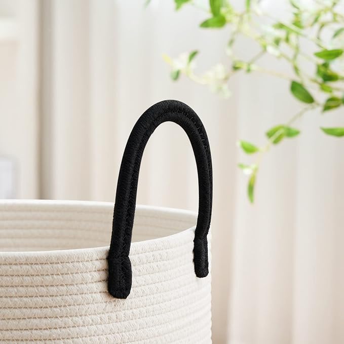 VIPOSCO Large Laundry Hamper, Tall Woven Rope Storage Basket for Blanket, Toys, Dirty Clothes in Living Room, Bathroom, Bedroom - 72L White & Black